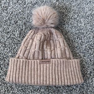 Calvin Klein Tan Cable Knit Faux Fur Pom-Pom Winter Hat OS Fleece Lined